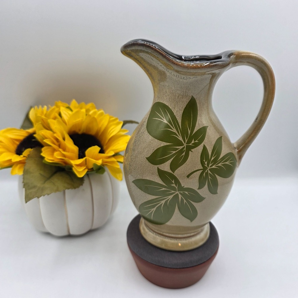Vintage‎ Ceramic Pitcher Leaf Design Beige Green Art Pottery Decorative Vase
